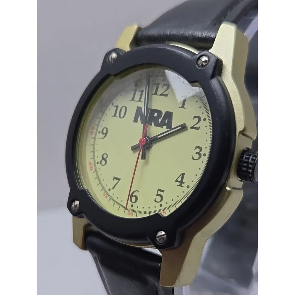 NRA Europa Quartz Watch Black Bezel Gold Tone Case Leather Band Mens New Battery